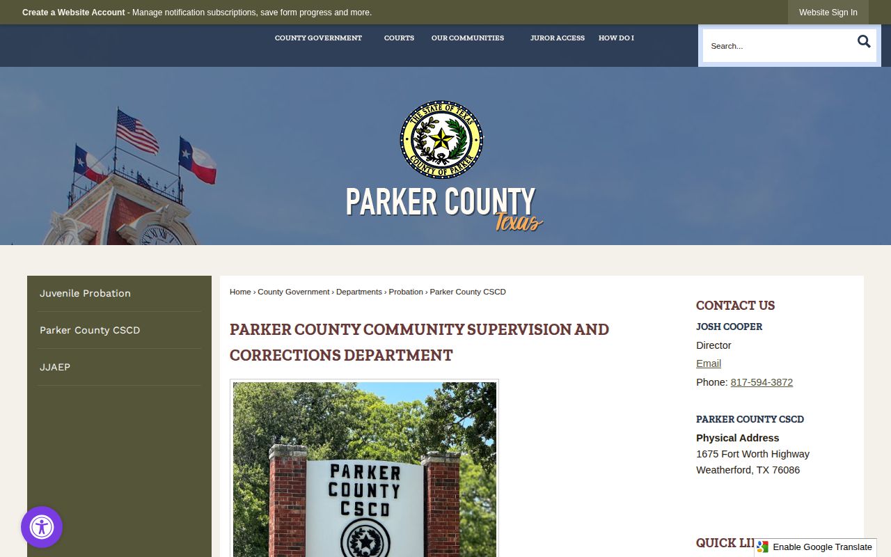 Parker County probation and post-release supervision office page
