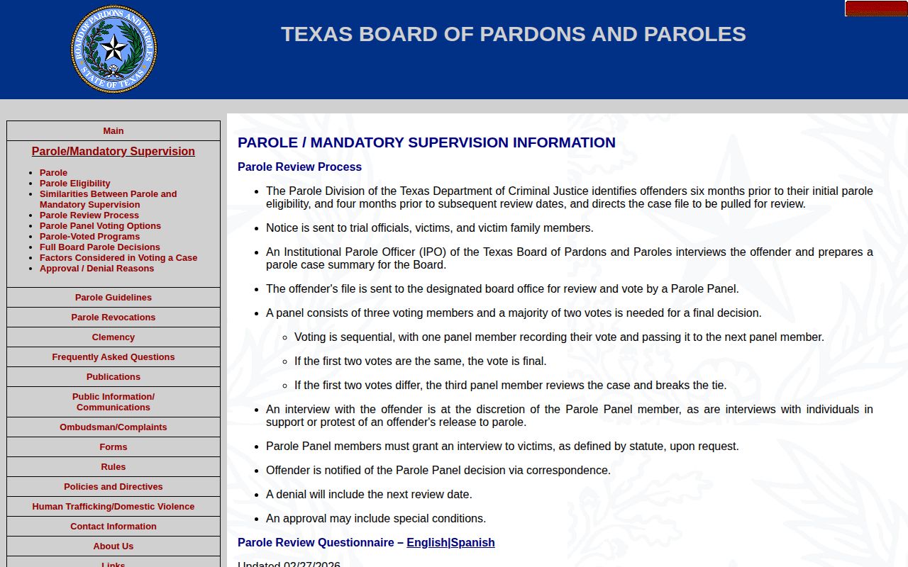Texas parole review information for Parker County post-release supervision